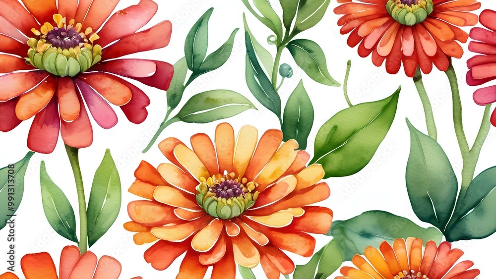 A lively seamless pattern showcasing large orange zinnia flowers interspersed with green leaves. Suitable for use in textiles, wallpapers, and decorative surfaces