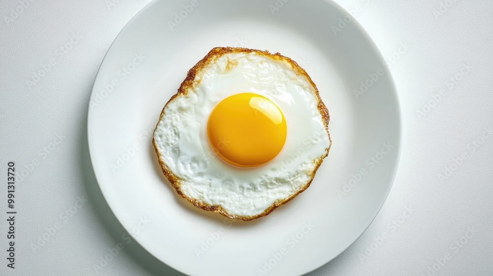 Minimalist composition of a single fried egg resting on a plain white plate, emphasizing simplicity and elegance Minimalist composition of a single fried egg resting on a plain white plate, emphasizing simplicity and elegance