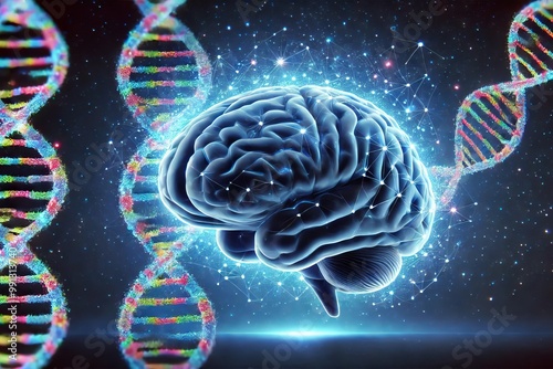 A digital blue brain with a DNA double helix intertwined around it, set against a dark, starry background
