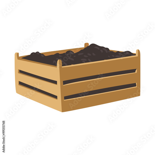 vector drawing wooden box with black soil ground at white background, hand drawn illustration