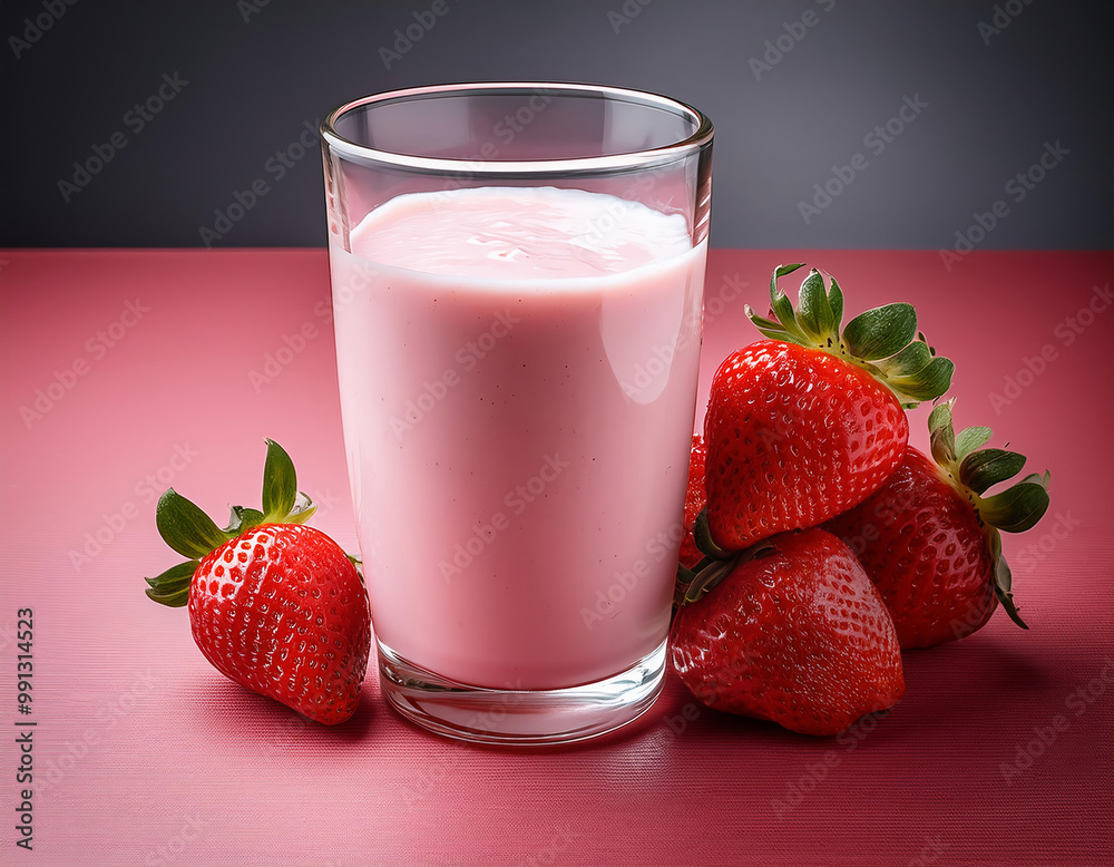 Strawberry milk in a glass with strawberries on a red background Strawberry milk in a glass with strawberries on a red background