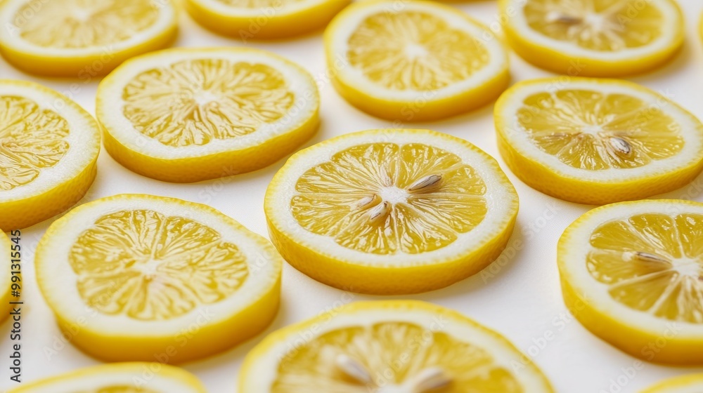Top view of rows of lemon slices creating a repeating yellow pattern, with sharp contrasts between the rind and flesh Top view of rows of lemon slices creating a repeating yellow pattern, with sharp contrasts between the rind and flesh