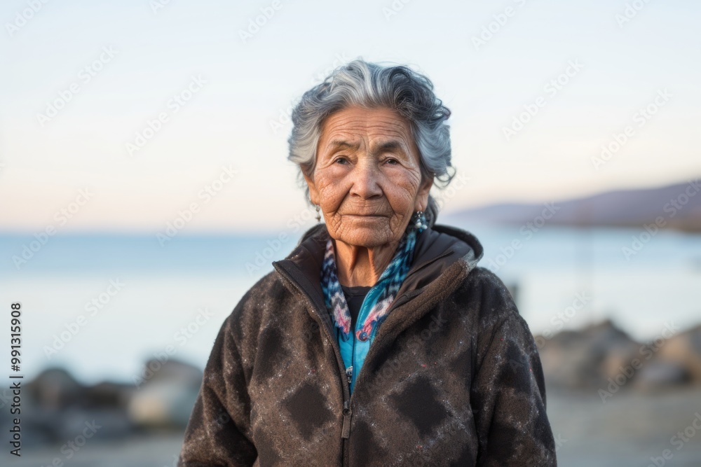Portrait of a content indian woman in her 70s sporting a quilted insulated jacket over serene seaside background Portrait of a content indian woman in her 70s sporting a quilted insulated jacket over serene seaside background