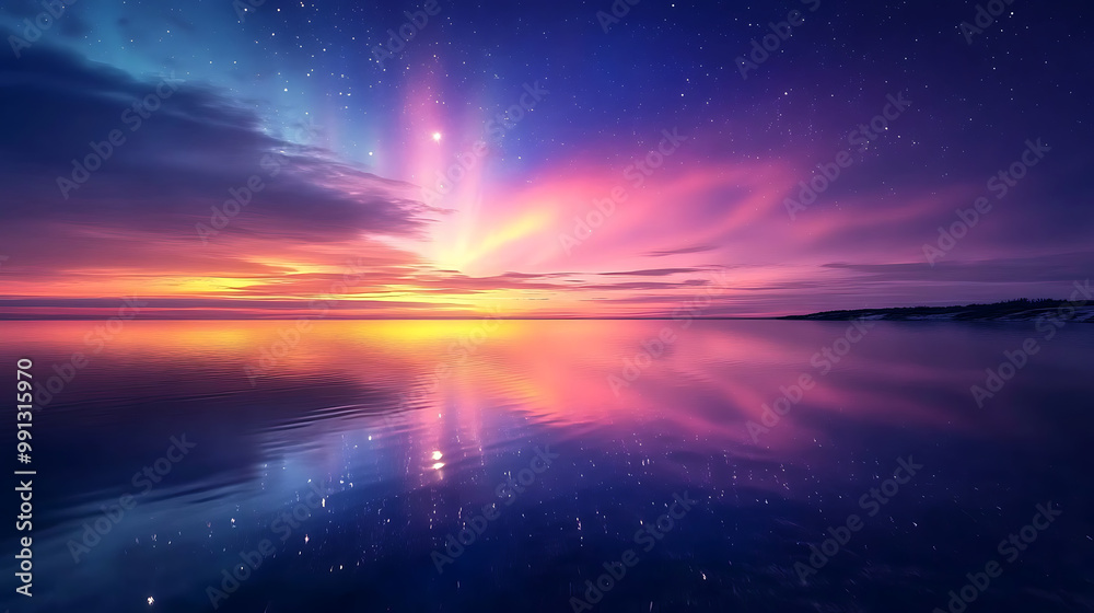 Naklejka premium A lake reflecting a vibrant, aurora-lit sky that extends to the distant horizon