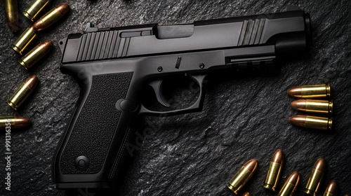 A sleek black handgun surrounded by golden bullets on a dark background, emphasizing its modern design and functionality. photo