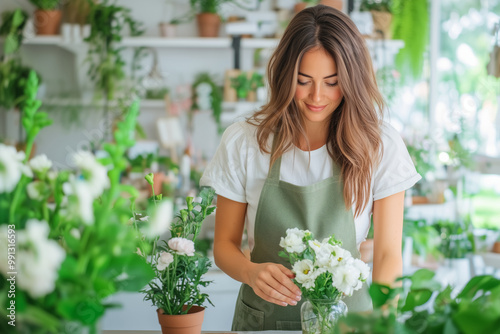 Female Florist Arranging White Flowers in Garden Shop