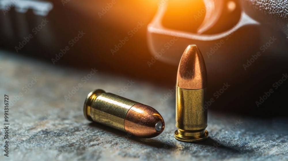 Close-up of two bullets on a textured surface with a blurred handgun in the background, showcasing intricate details of ammunition. Close-up of two bullets on a textured surface with a blurred handgun in the background, showcasing intricate details of ammunition.