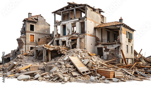 Destroyed buildings after earthquake isolated on white background.