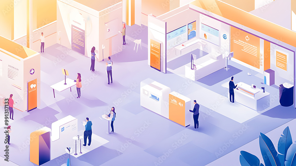 background with a healthcare fair setup, including informational booths and health screening stations background with a healthcare fair setup, including informational booths and health screening stations