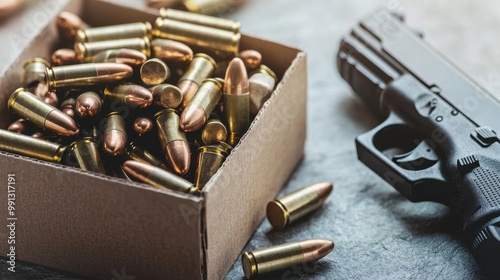 A close-up view of a box filled with bullets beside a handgun, emphasizing the themes of ammunition and weaponry. photo