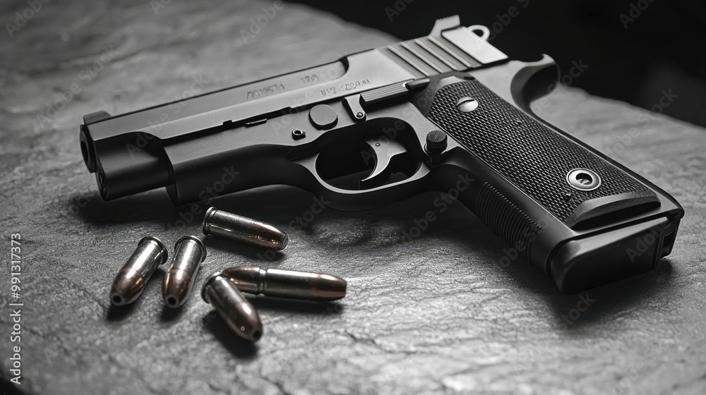A sleek black handgun displayed on a dark surface with several metallic bullets arranged nearby, emphasizing weaponry aesthetics. A sleek black handgun displayed on a dark surface with several metallic bullets arranged nearby, emphasizing weaponry aesthetics.