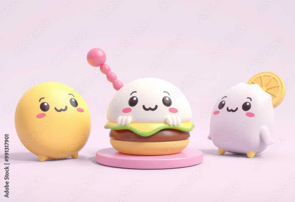 Cute 3D cartoon characters of a burger, lemon, and a yellow ball. Cute 3D cartoon characters of a burger, lemon, and a yellow ball.