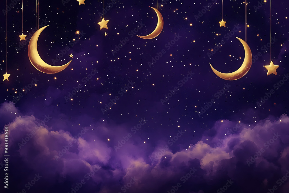 Naklejka premium Eid background with crescent moons and stars in gold against a deep blue sky