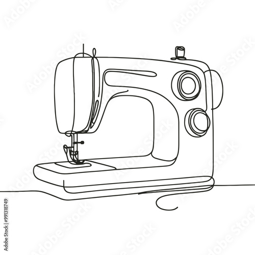 A sewing machine with a needle and thread. The machine is black and white. The image is a stylized drawing of a sewing machine