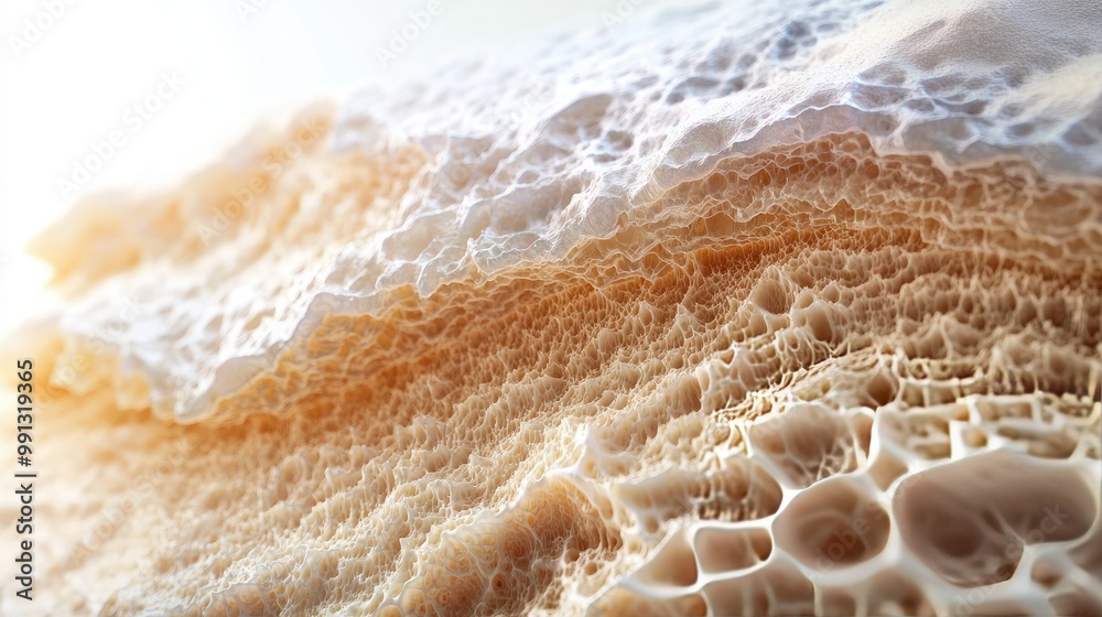 3D rendering of human skin layers, with a zoomed-in view on one side and open copy space on the other.