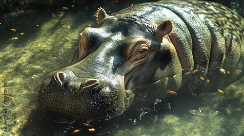 A close-up of a hippopotamuss wrinkled skin and textured back as it rests in shallow water, with small fish swimming around. photo