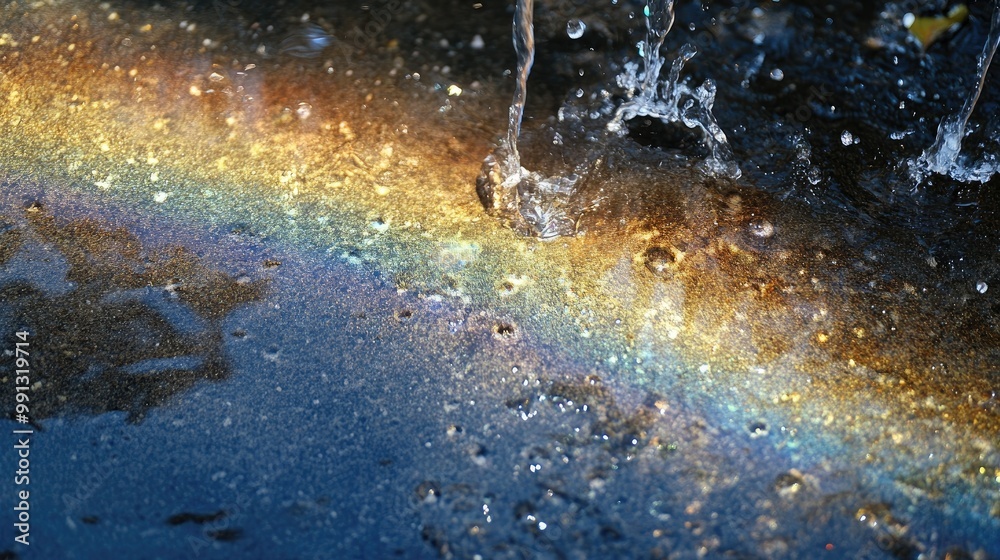 A close-up of a rainbow in a fountains mist, with sunlight reflecting off the water droplets, creating a prism effect. A close-up of a rainbow in a fountains mist, with sunlight reflecting off the water droplets, creating a prism effect.