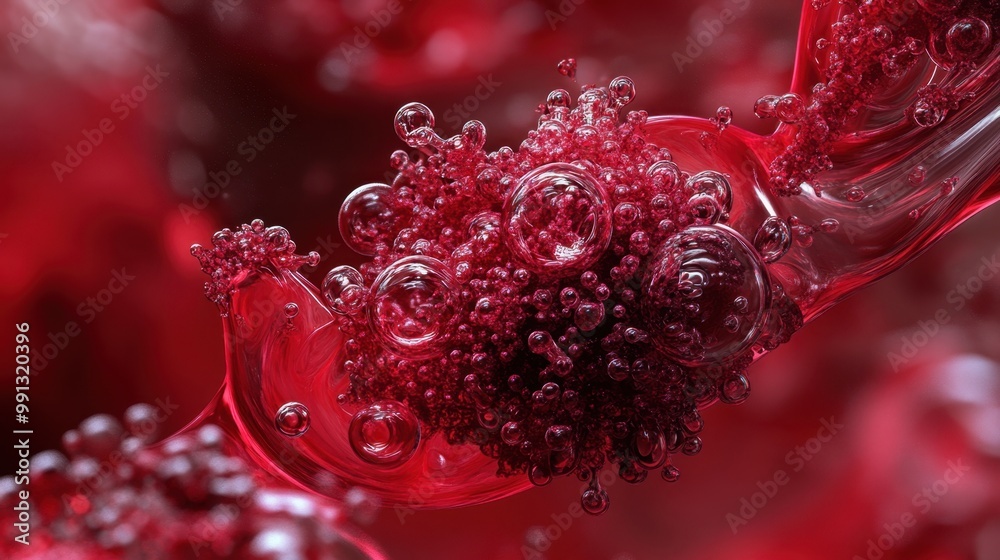 Intricate red bubbles intertwining in a mesmerizing fluid dance, highlighting the beauty of microscopic structures within a vibrant liquid environment Intricate red bubbles intertwining in a mesmerizing fluid dance, highlighting the beauty of microscopic structures within a vibrant liquid environment
