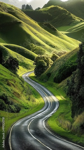 A scenic winding road through lush green hills, inviting travelers to explore the picturesque landscape and enjoy nature's beauty.