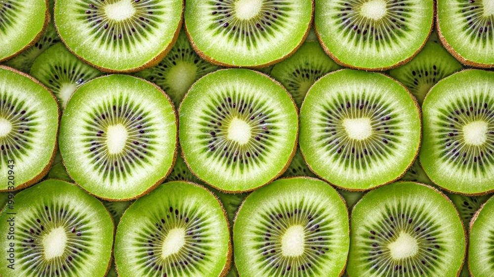 Top-down view of rows of green kiwi slices, the seeds forming intricate patterns across the frame Top-down view of rows of green kiwi slices, the seeds forming intricate patterns across the frame