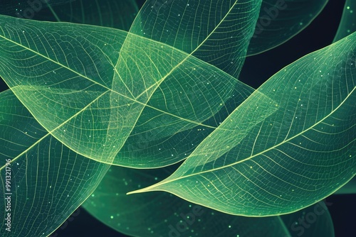 Close-up view of translucent green leaves layered gracefully, showcasing delicate veins and a serene, natural beauty.