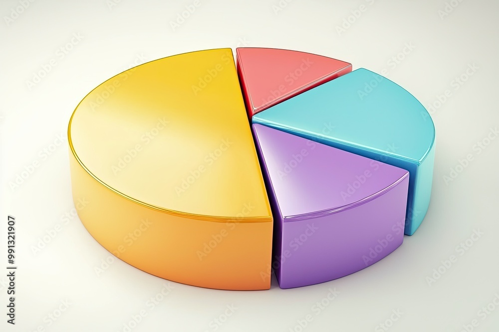 Obraz premium Colorful pie chart representing data visualization in a 3D design, ideal for presentations and reports.