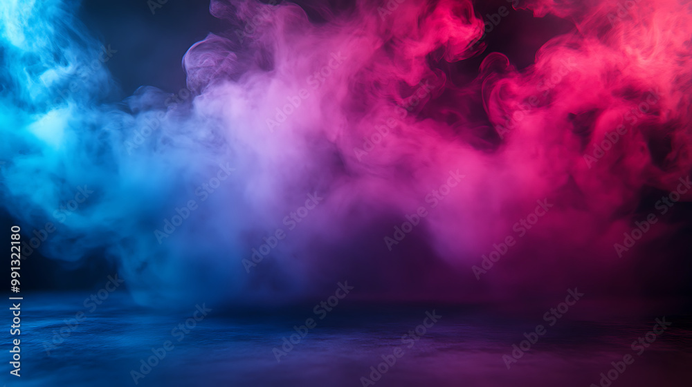 Naklejka premium Stage with a spotlight highlighting deep green smoke, creating a lush, forest-like atmosphere