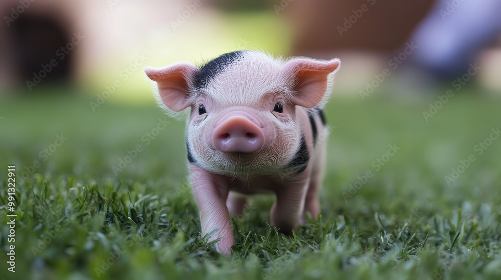 Newborn piglet standing on lush green grass showcasing the charming details of this small joyful animal Newborn piglet standing on lush green grass showcasing the charming details of this small joyful animal