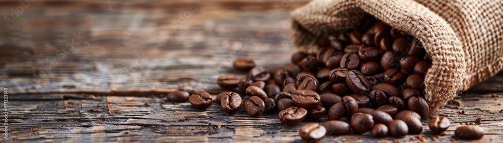 Coffee beans spilling from a burlap sack onto a rustic wooden table, coffee beans spilled, freshly roasted coffee Coffee beans spilling from a burlap sack onto a rustic wooden table, coffee beans spilled, freshly roasted coffee