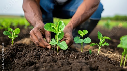 A farm worker planting seedlings in a no-till farm, symbolizing regenerative agriculture for sustainable food production regenerative farming, sustainable agriculture