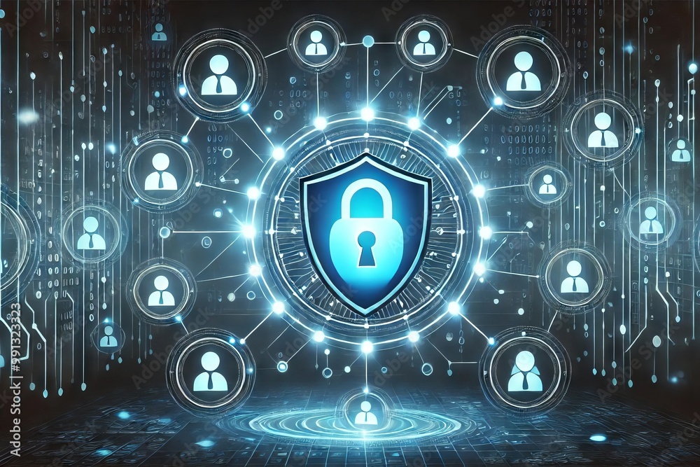 A digital cybersecurity concept with a glowing shield and keyhole at the center A digital cybersecurity concept with a glowing shield and keyhole at the center
