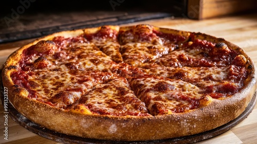 A whole Chicago pizza fresh out of the oven, with a golden, crispy crust and rich tomato sauce on top deep-dish pizza, rich flavors