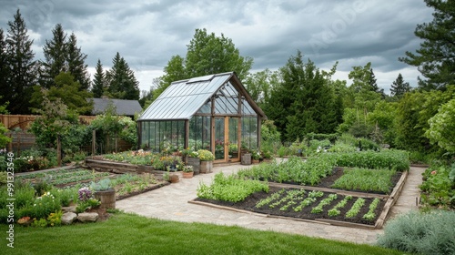 A kitchen garden featuring a central glass greenhouse surrounded by seedbeds creating an inviting space for gardening in a rustic backyard on a cloudy summer day photo