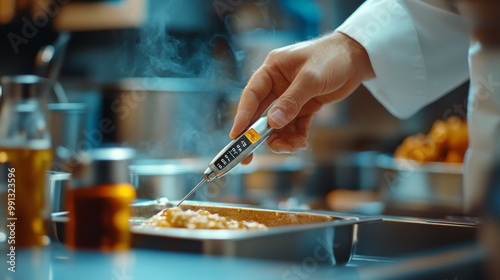 A chef uses a thermometer to check the temperature of a dish in a professional kitchen.