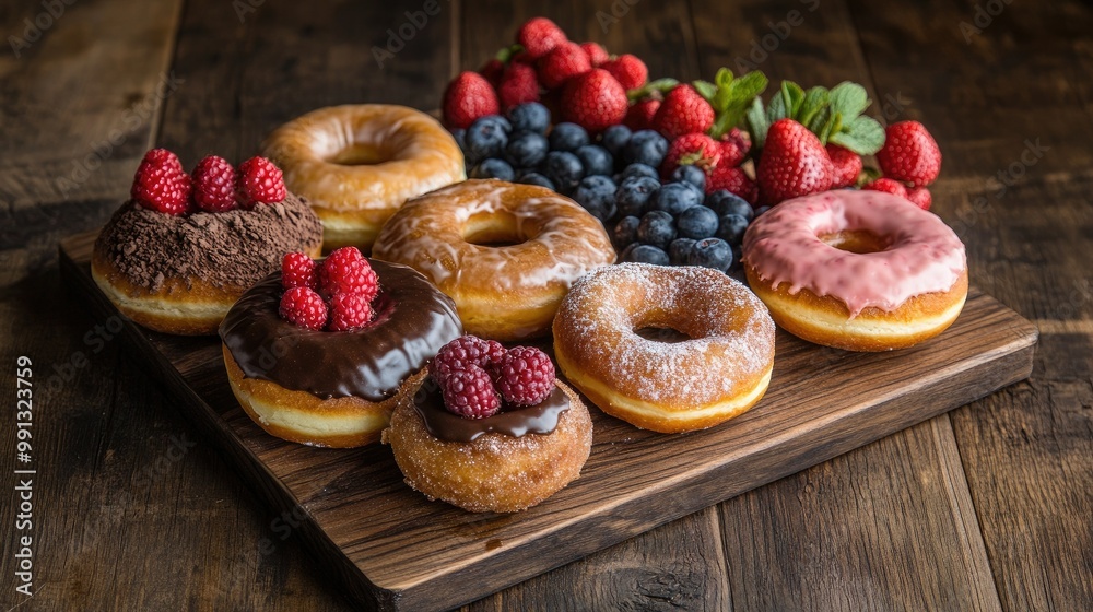A beautifully arranged donut platter featuring classic and filled donuts, set on a rustic wooden board with a few fresh berries. A beautifully arranged donut platter featuring classic and filled donuts, set on a rustic wooden board with a few fresh berries.