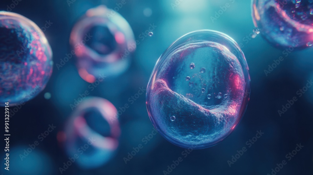 Stem cells floating in a liquid solution, illuminated by soft blue light in a futuristic lab setting, representing regenerative medicine. Stem cells floating in a liquid solution, illuminated by soft blue light in a futuristic lab setting, representing regenerative medicine.