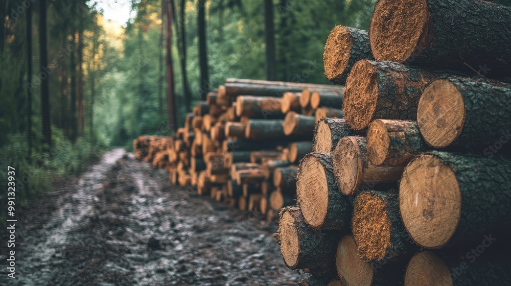 Stacked logs in a forest lined up for transportation or processing highlighting issues related to deforestation Stacked logs in a forest lined up for transportation or processing highlighting issues related to deforestation
