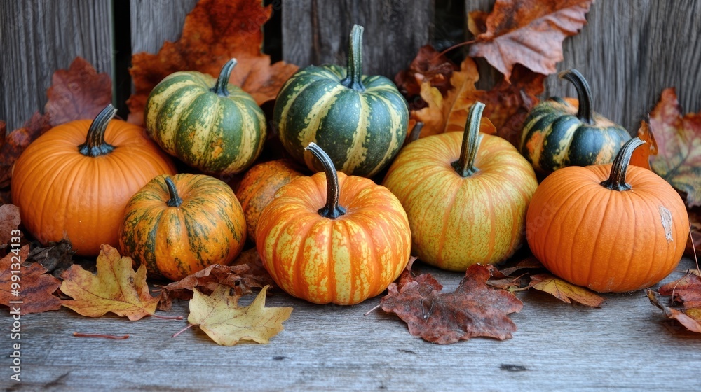 A collection of orange and green pumpkins surrounded by autumn leaves on a wooden surface A collection of orange and green pumpkins surrounded by autumn leaves on a wooden surface