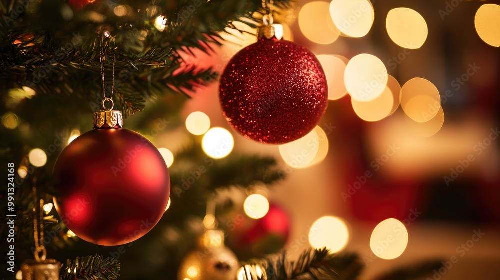Close up of Christmas tree branches adorned with red and gold ornaments set against a warm indoor atmosphere filled with festive decorations Close up of Christmas tree branches adorned with red and gold ornaments set against a warm indoor atmosphere filled with festive decorations