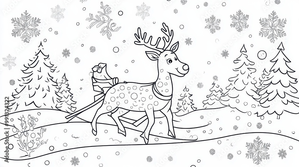 Reindeer Pulling a Sleigh Through a Snowy Forest Reindeer Pulling a Sleigh Through a Snowy Forest