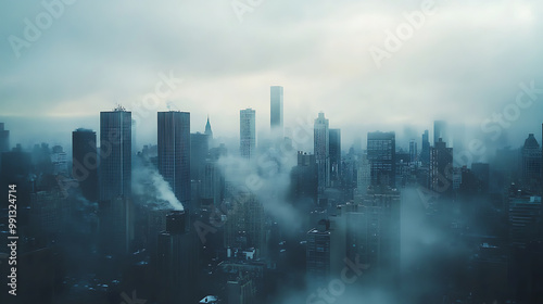 City skyline with a soft, misty rain and low-hanging clouds, creating a moody, atmospheric effect