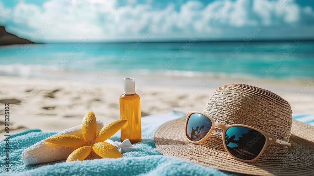 A fashionable sun hat, sunglasses, and sunscreen bottle placed on a towel, with a blurred beach and ocean behind. A fashionable sun hat, sunglasses, and sunscreen bottle placed on a towel, with a blurred beach and ocean behind.