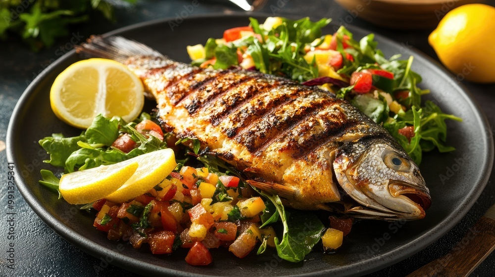 A beautifully arranged grilled fish dish with a tangy sauce, accompanied by a side of fresh salad and a few slices of lemon.