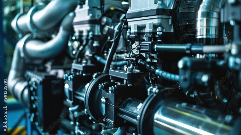 Industrial engine machinery with metallic pipes, high detail, industrial engine close-up, manufacturing technology Industrial engine machinery with metallic pipes, high detail, industrial engine close-up, manufacturing technology