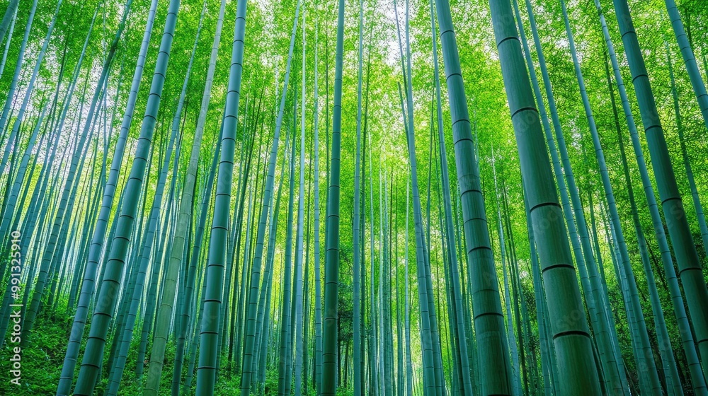 Fototapeta premium A forest of bamboo with stalks growing straight and tall, their green trunks forming natural columns in a serene and quiet setting.