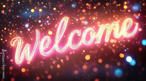 A glowing "Welcome" text in cursive font, floating above a sparkling, starry background with gentle light rays illuminating the design.