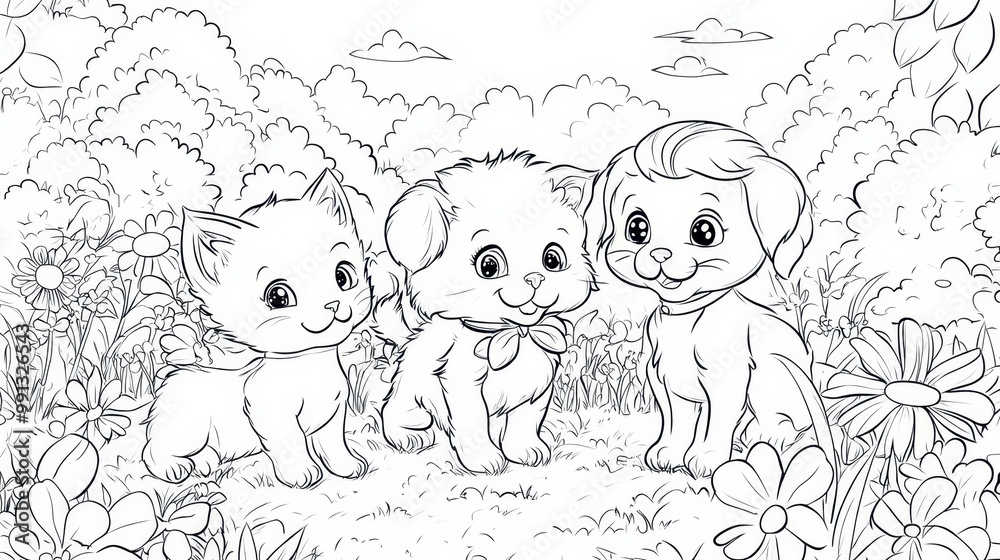 Cute Puppy and Kitten Friends in a Flowery Meadow Cute Puppy and Kitten Friends in a Flowery Meadow