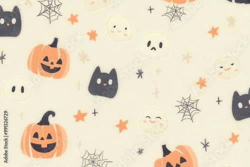 Hand-drawn cute Halloween Instagram Stories or phone wallpaper, vector illustration with a playful and whimsical style, featuring cute ghosts, pumpkins, black cats, witch hats, spider webs, stars, and
