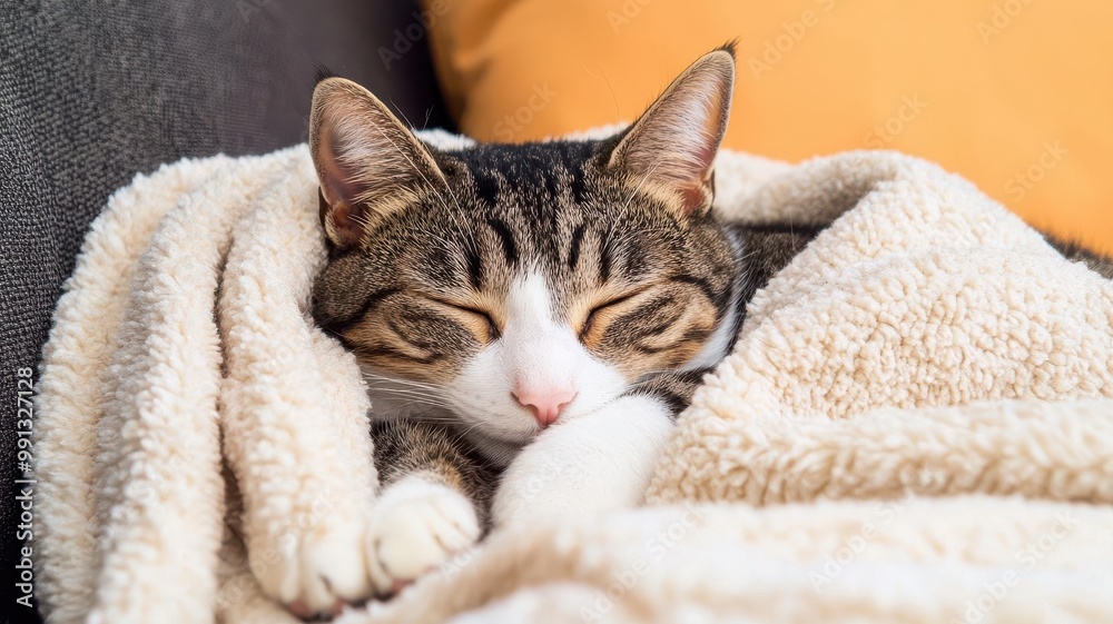 Cat curled up in a soft blanket on the couch, with a peaceful expression while napping cat nap, cozy home Cat curled up in a soft blanket on the couch, with a peaceful expression while napping cat nap, cozy home
