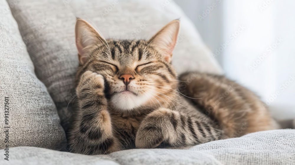 Cat grooming itself while lying on a soft pillow in the living room cat at home, self-care Cat grooming itself while lying on a soft pillow in the living room cat at home, self-care